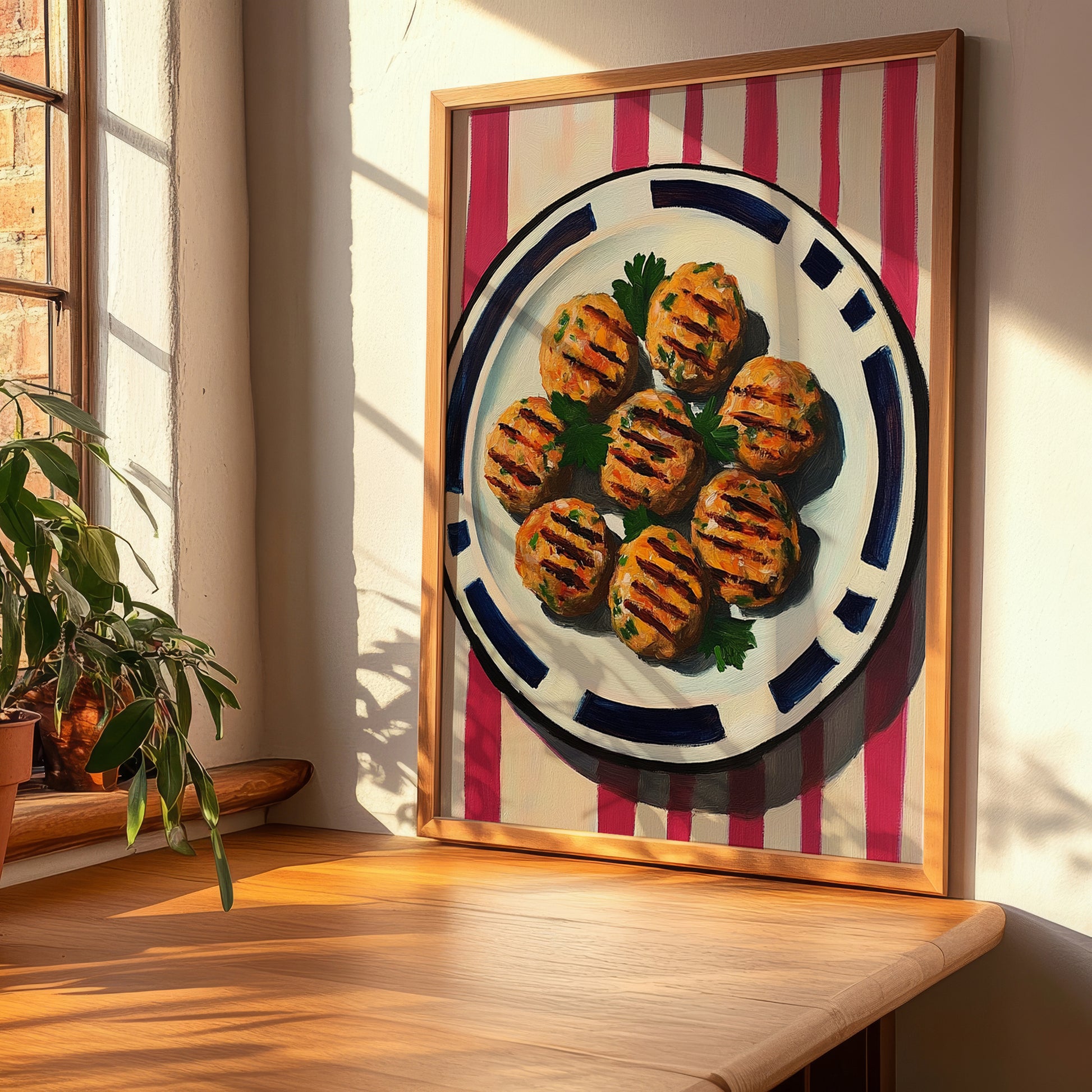 Köfte – on Striped Tablecloth, Turkish Food Wall Painting, clean layout with no caption