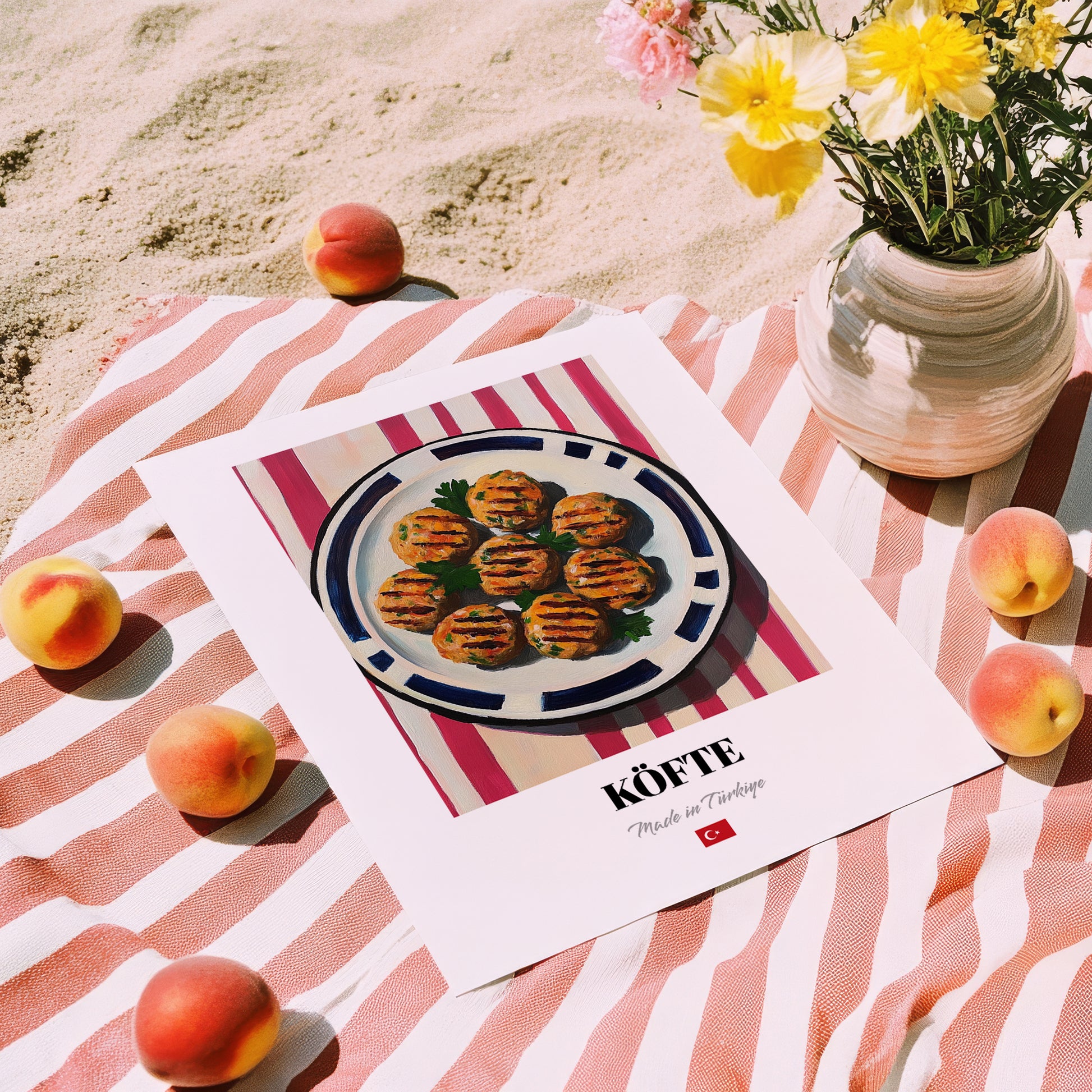 Köfte – on Striped Tablecloth, Turkish Food Wall Painting, unframed on coastal sand