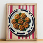 Köfte – on Striped Tablecloth, Turkish Food Wall Painting, no-text version framed in wood