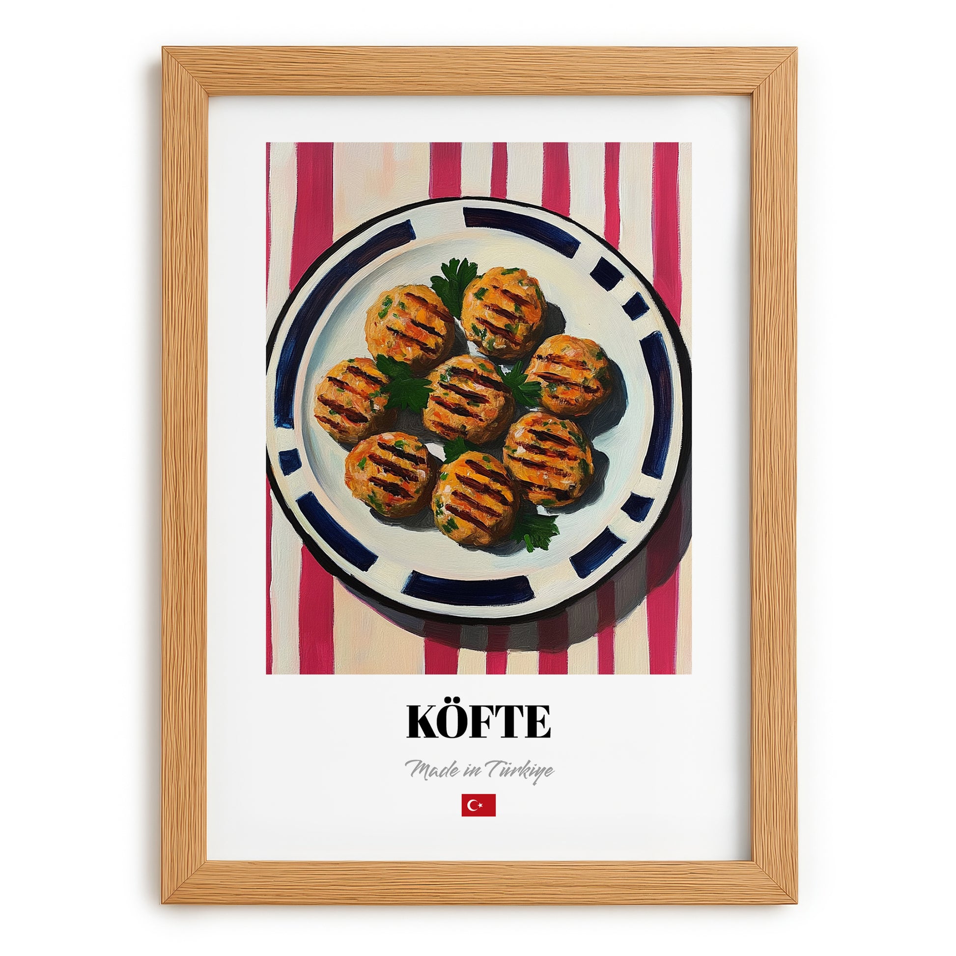 Köfte – on Striped Tablecloth, Turkish Food Wall Painting, set in oak frame