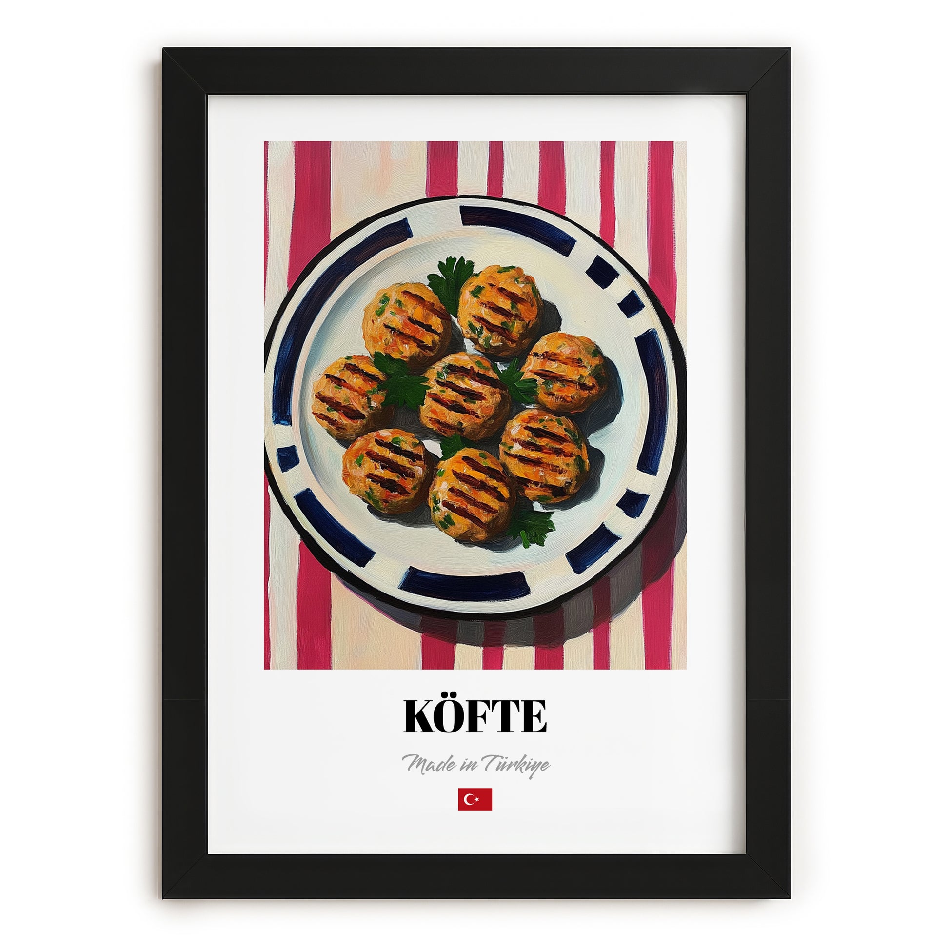 Köfte – on Striped Tablecloth, Turkish Food Wall Painting, in sleek black frame