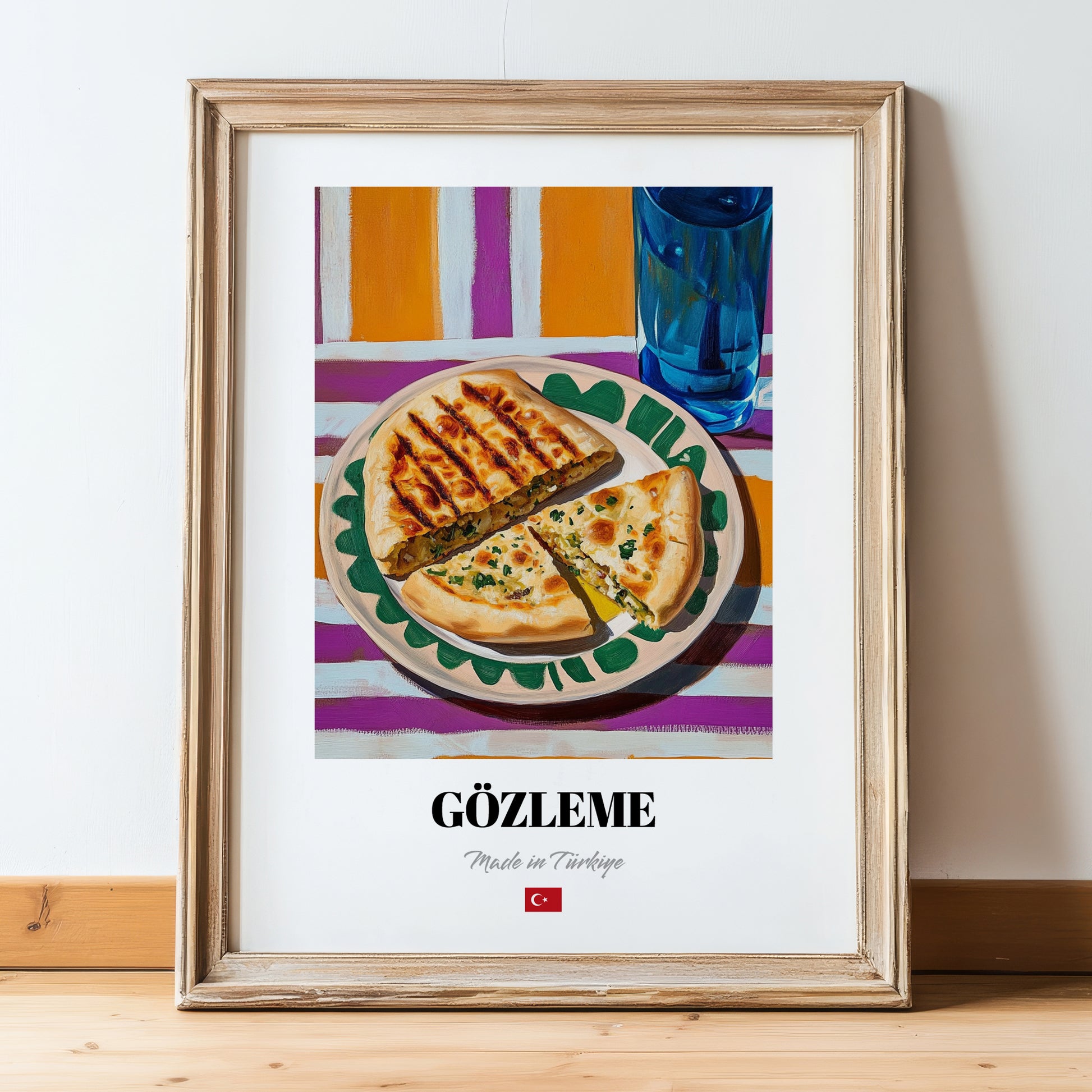 Gözleme – Oil Painting, Turkish Pastry Still Life, in wooden frame leaning on the floor