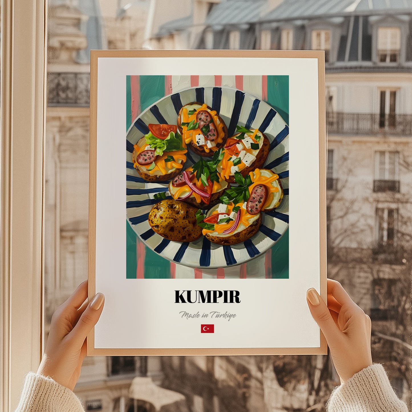 Kumpir – on Striped Tablecloth, Turkish Food Wall Decor, styled in a charming Paris street view