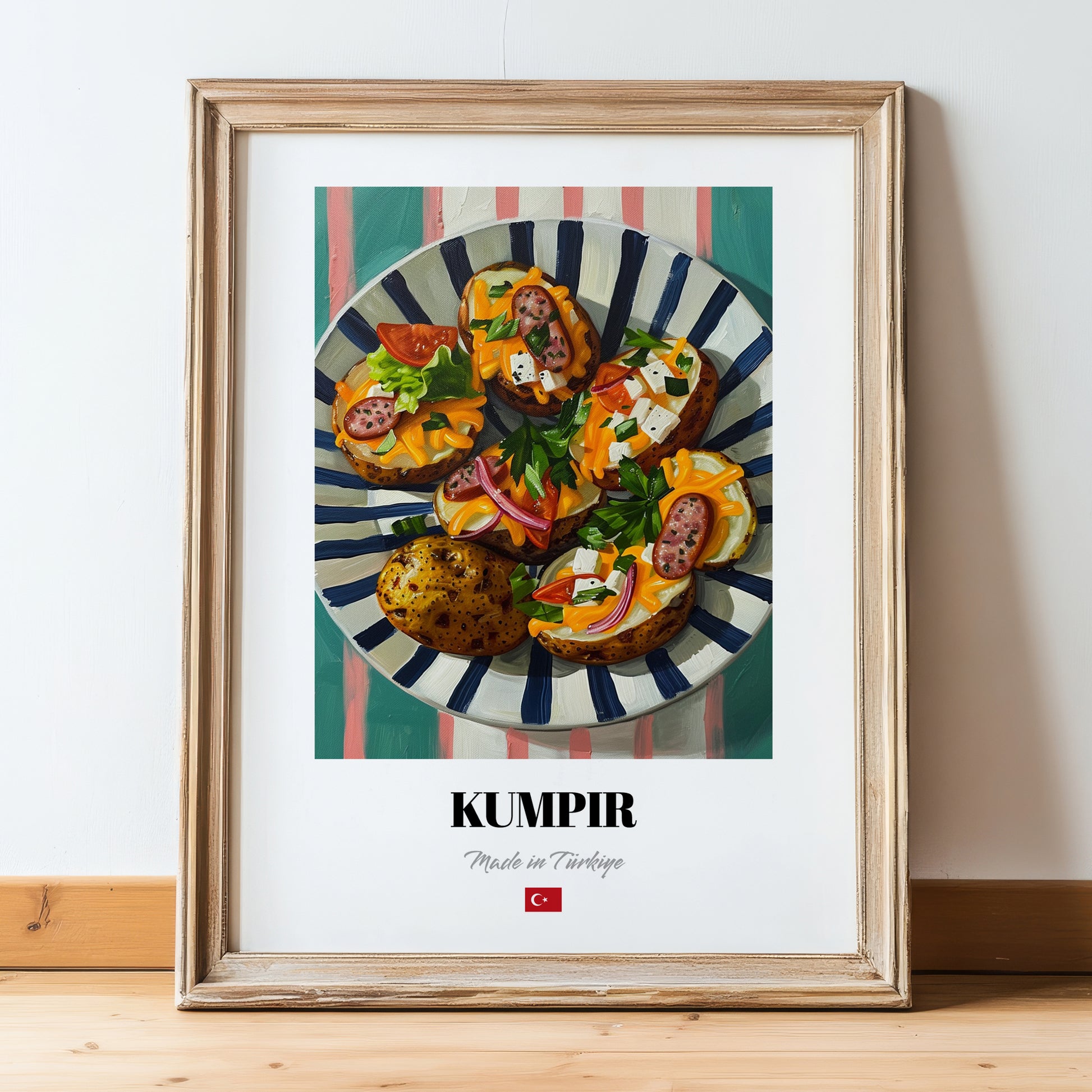 Kumpir – on Striped Tablecloth, Turkish Food Wall Decor, in wooden frame leaning on the floor