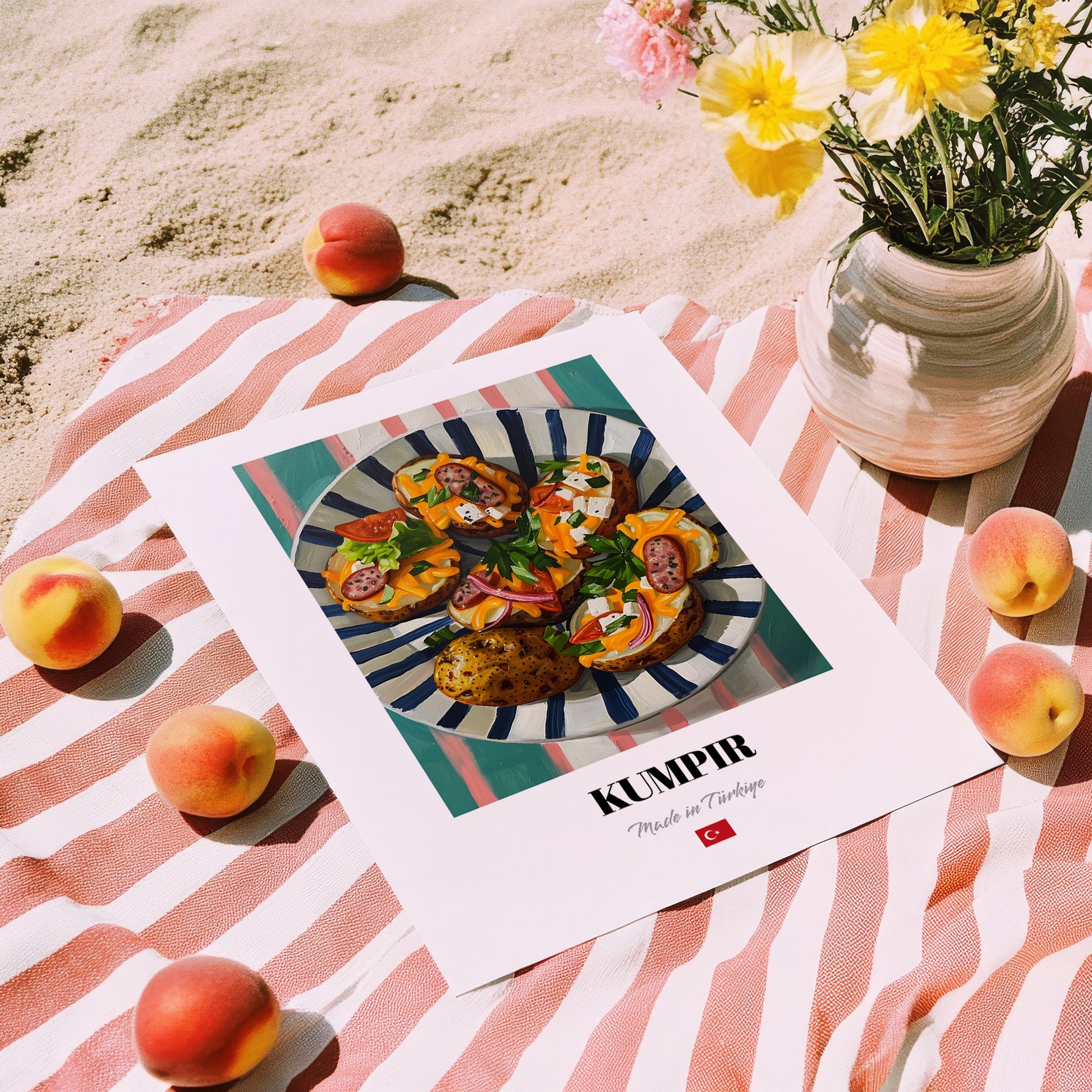 Kumpir – on Striped Tablecloth, Turkish Food Wall Decor, unframed on coastal sand