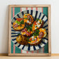 Kumpir – on Striped Tablecloth, Turkish Food Wall Decor, no-text version framed in wood