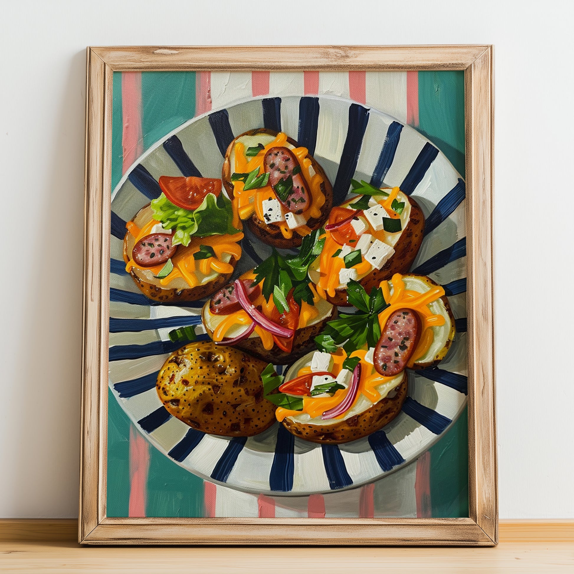 Kumpir – on Striped Tablecloth, Turkish Food Wall Decor, no-text version framed in wood