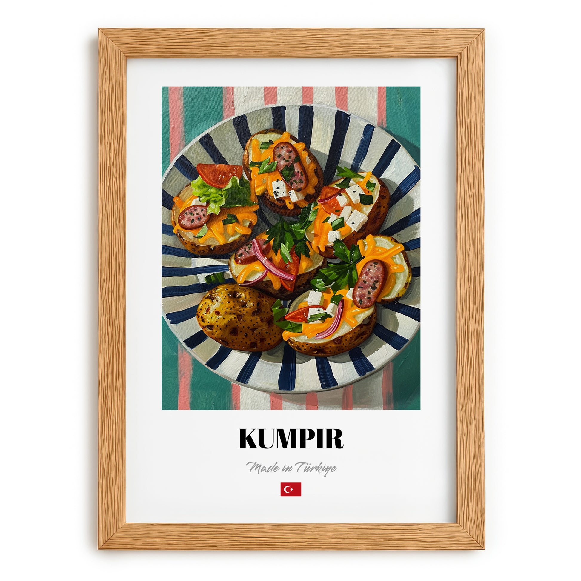 Kumpir – on Striped Tablecloth, Turkish Food Wall Decor, set in oak frame
