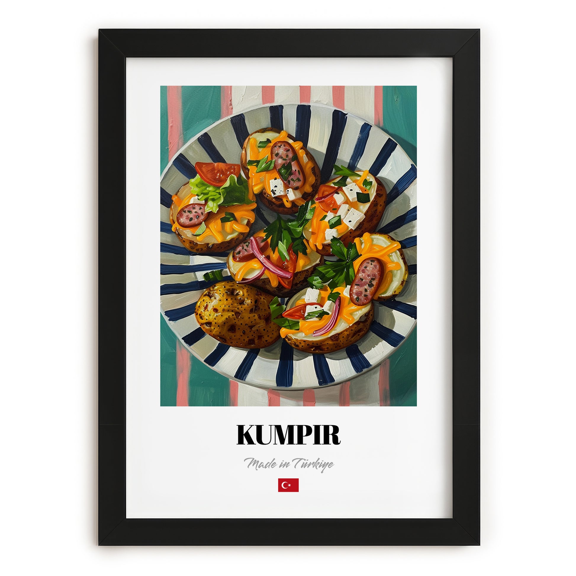 Kumpir – on Striped Tablecloth, Turkish Food Wall Decor, in sleek black frame
