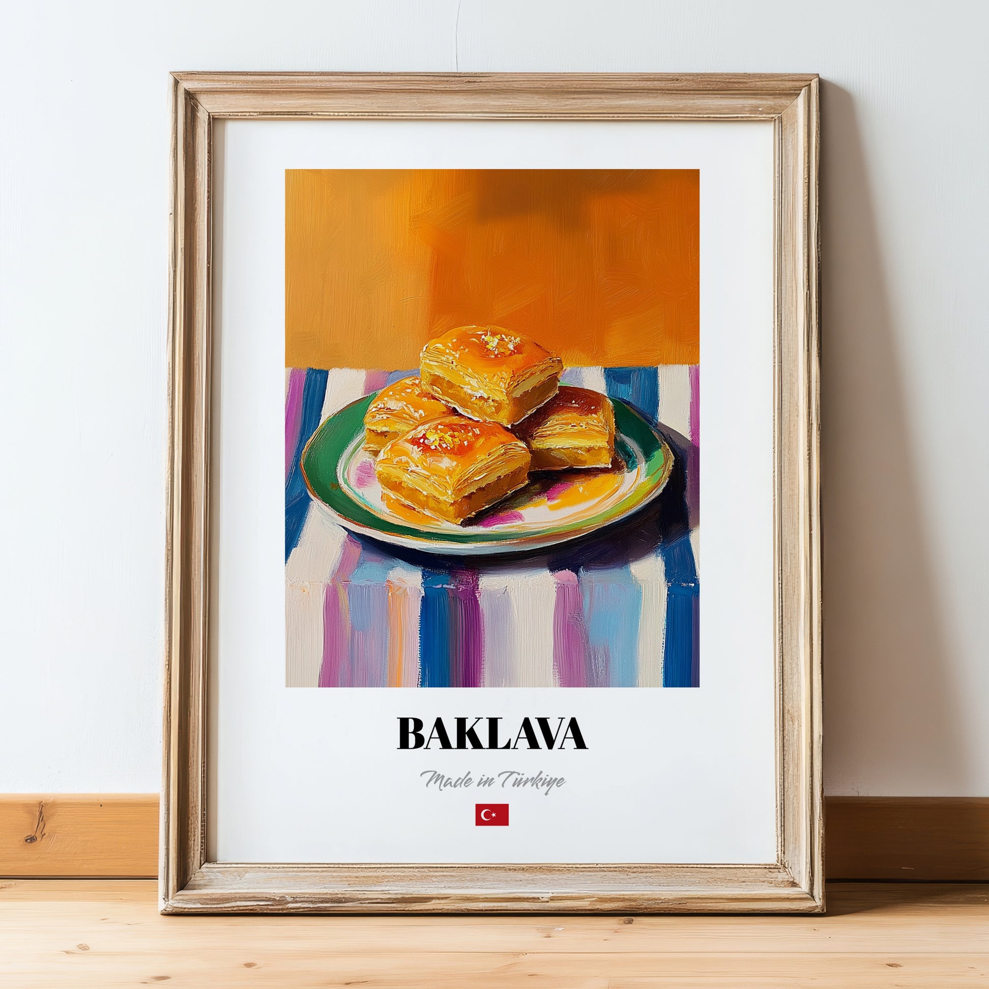 Baklava – Art, Turkish Dessert Still Life, in wooden frame leaning on the floor