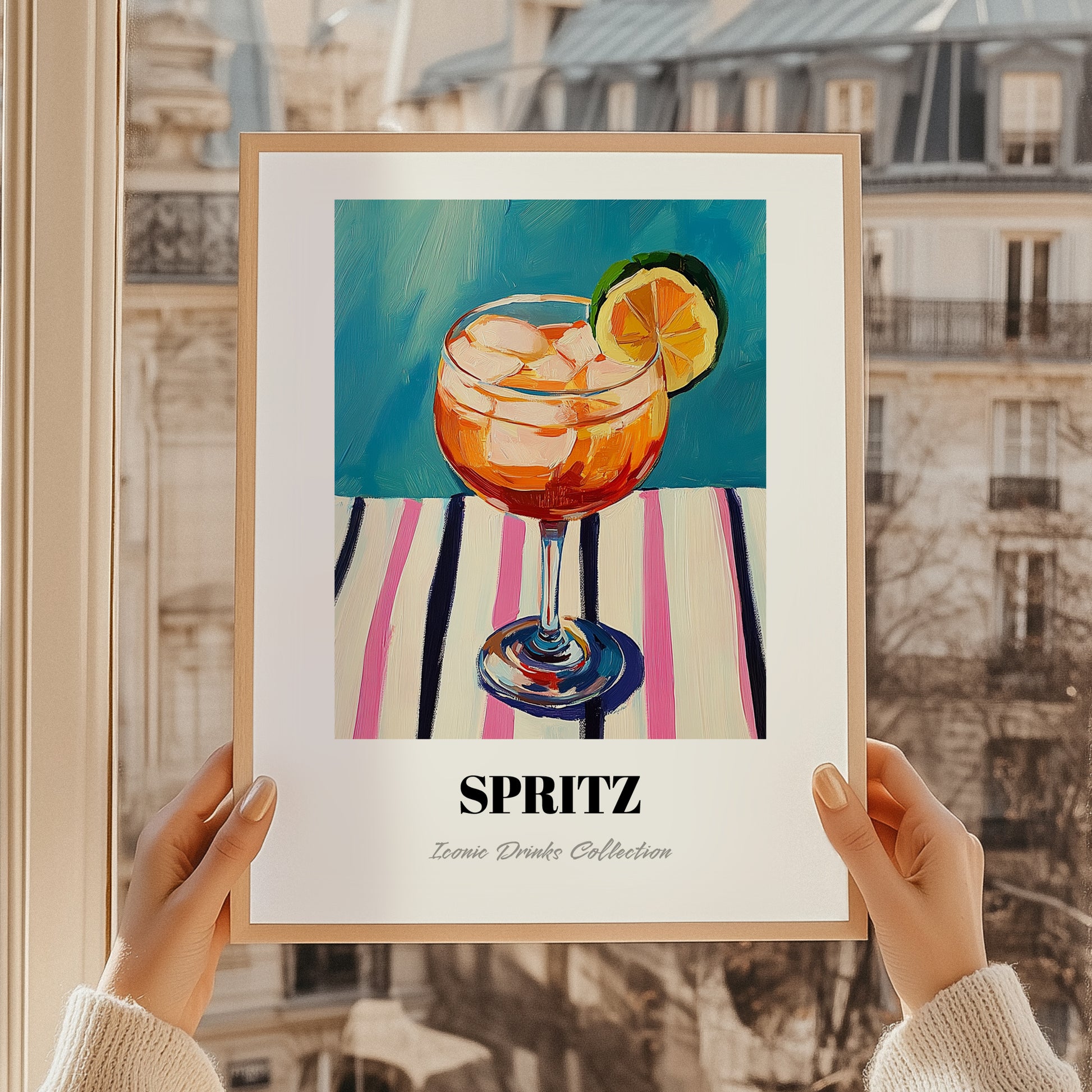 Spritz – on Striped Tablecloth, Italian Cocktail Poster, styled in a charming Paris street view