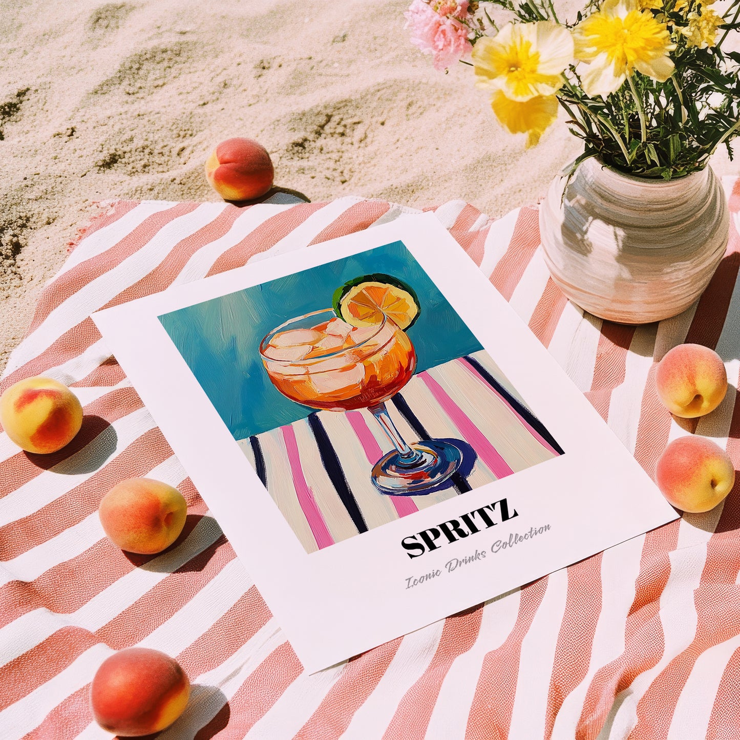 Spritz – on Striped Tablecloth, Italian Cocktail Poster, unframed on coastal sand
