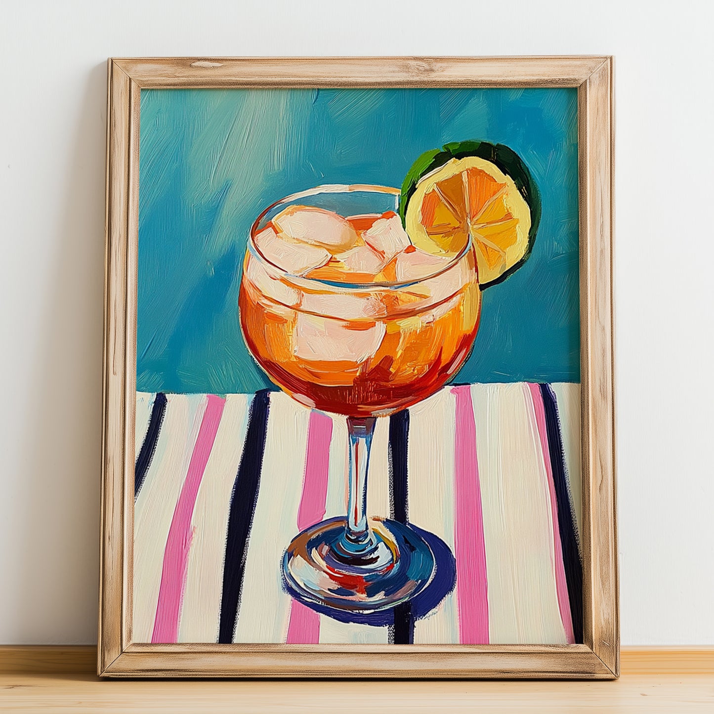 Spritz – on Striped Tablecloth, Italian Cocktail Poster, no-text version framed in wood