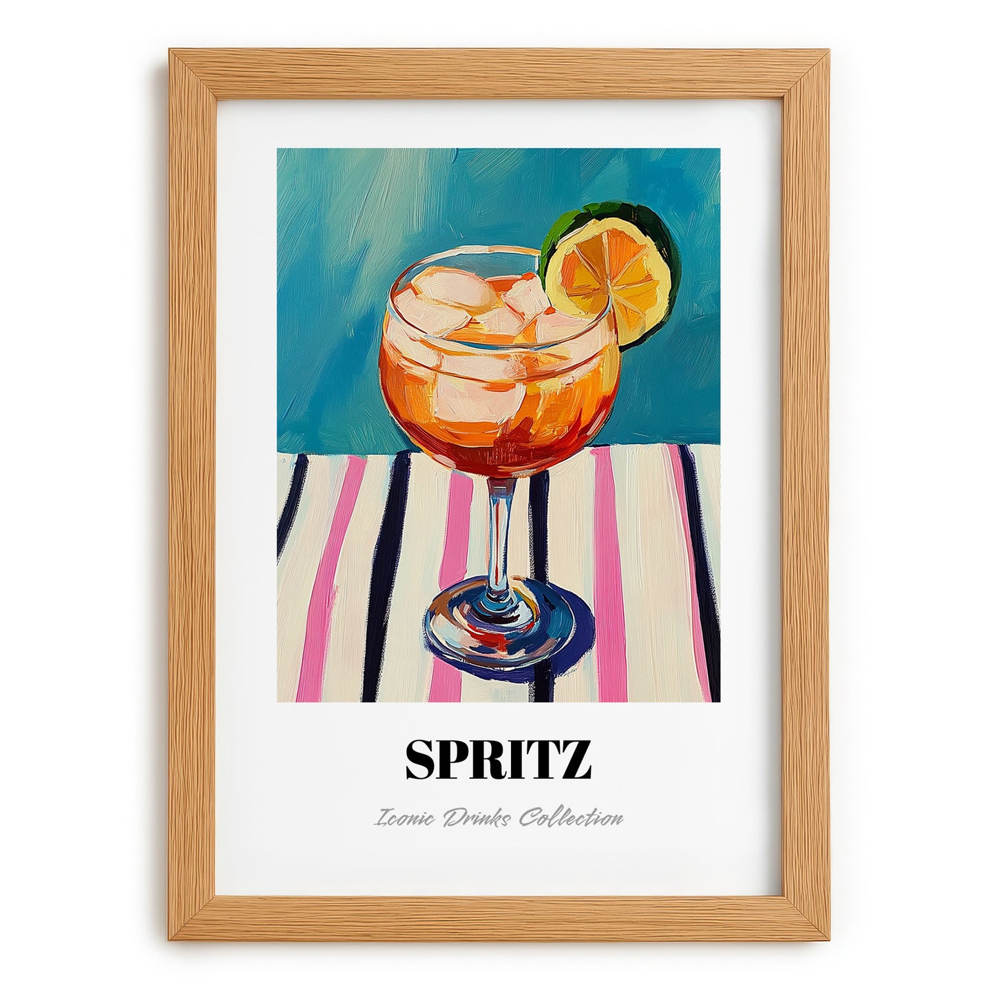 Spritz – on Striped Tablecloth, Italian Cocktail Poster, set in oak frame