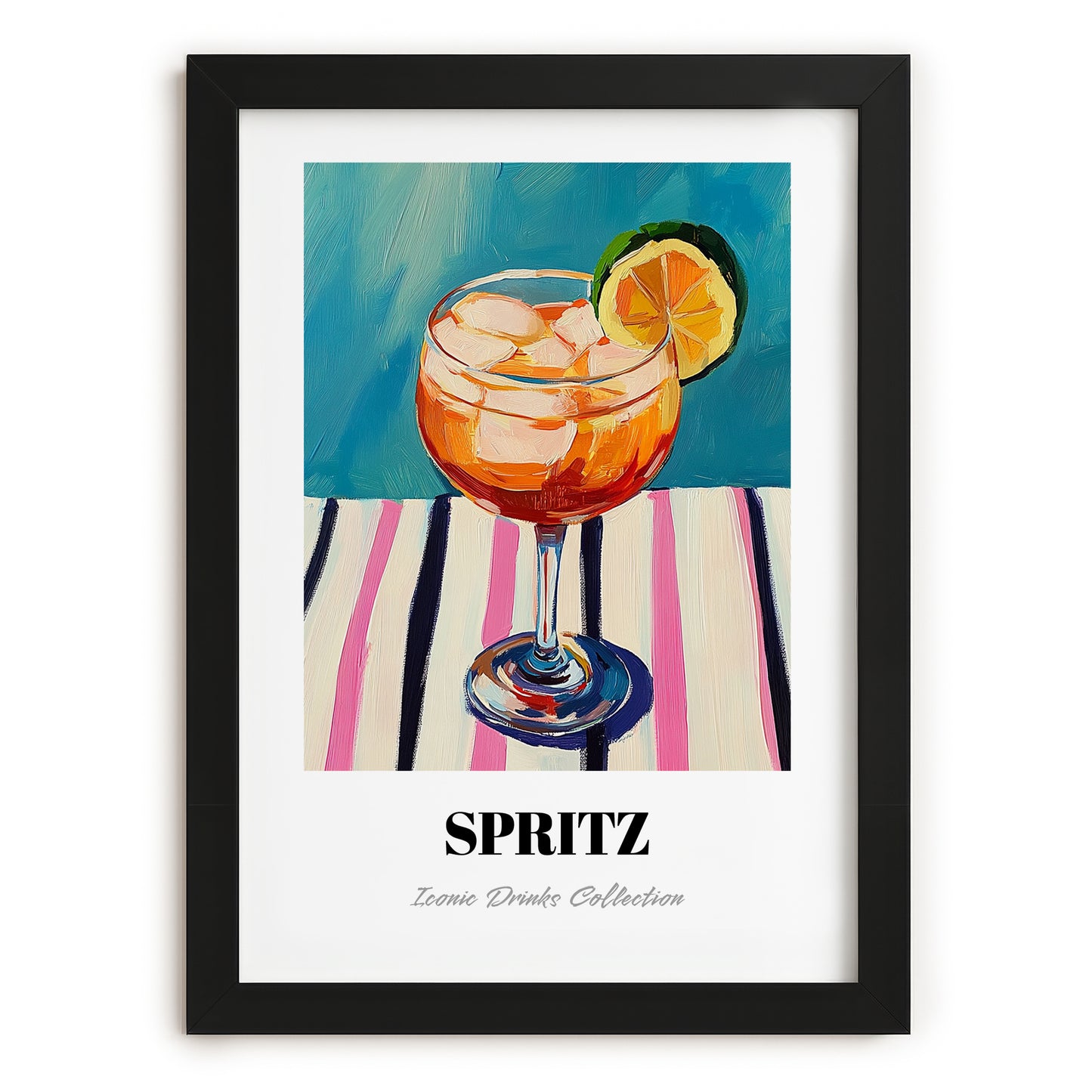 Spritz – on Striped Tablecloth, Italian Cocktail Poster, in sleek black frame