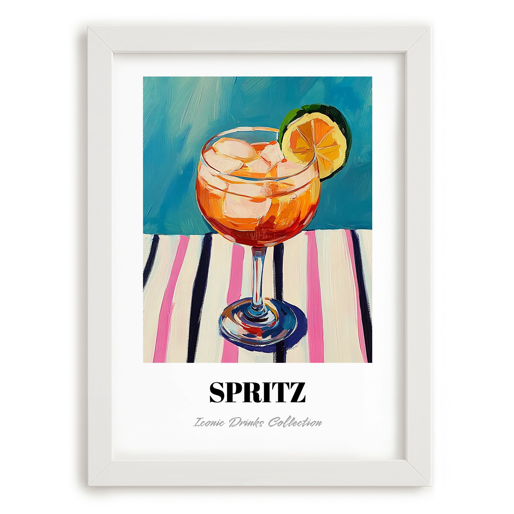 Spritz – on Striped Tablecloth, Italian Cocktail Poster, placed in minimal white frame