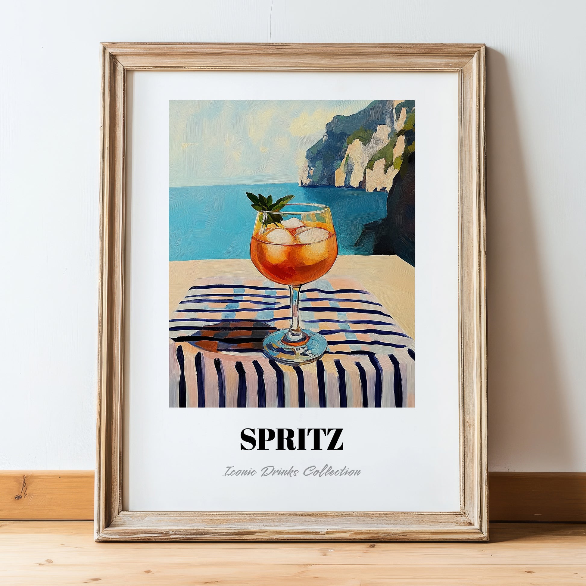 Spritz – Italian Seaside Café Scene, Italian Cocktail Illustration, in wooden frame leaning on the floor