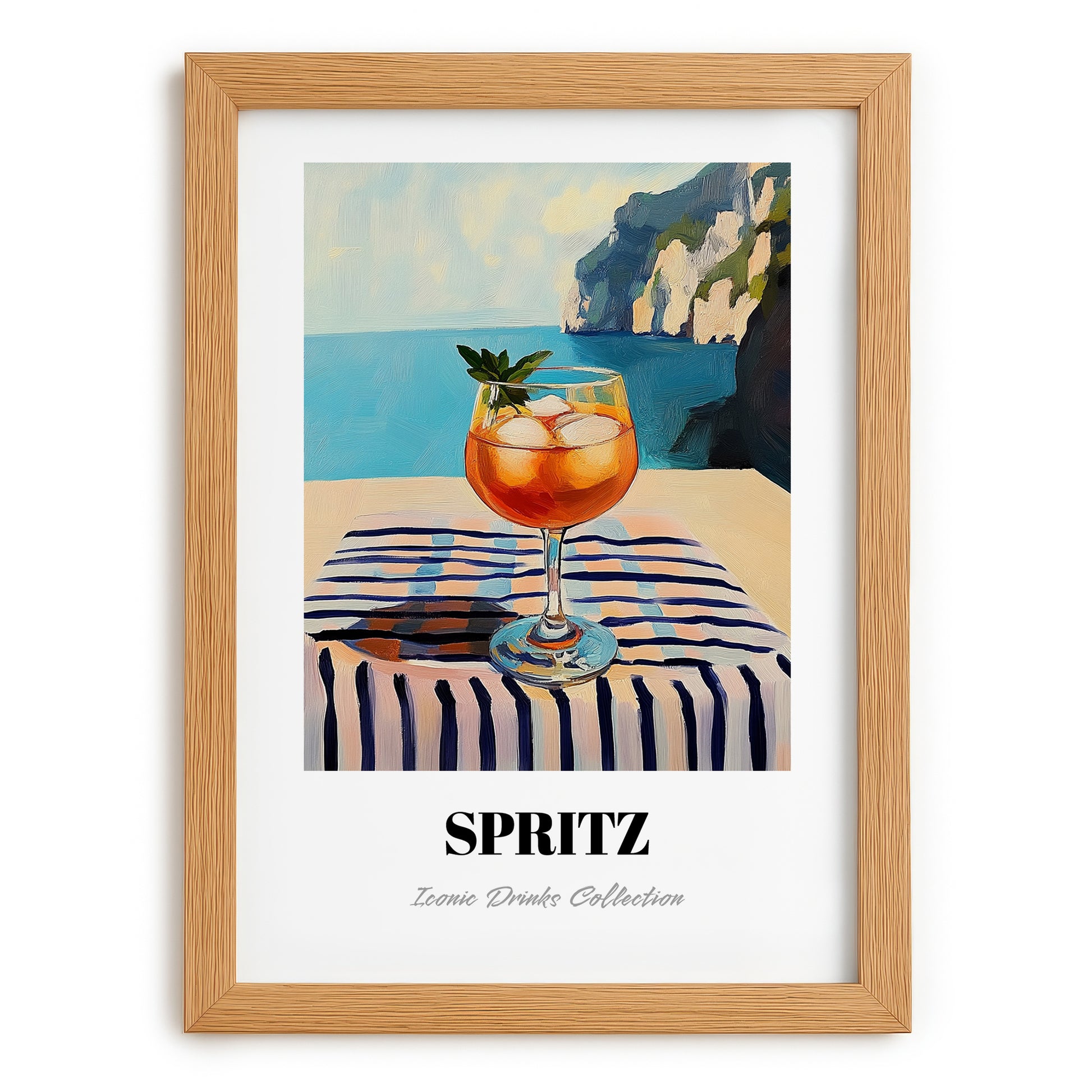 Spritz – Italian Seaside Café Scene, Italian Cocktail Illustration, set in oak frame