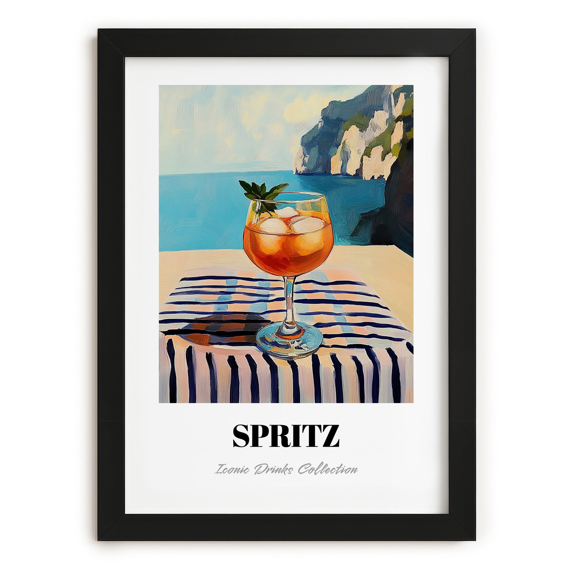 Spritz – Italian Seaside Café Scene, Italian Cocktail Illustration, in sleek black frame