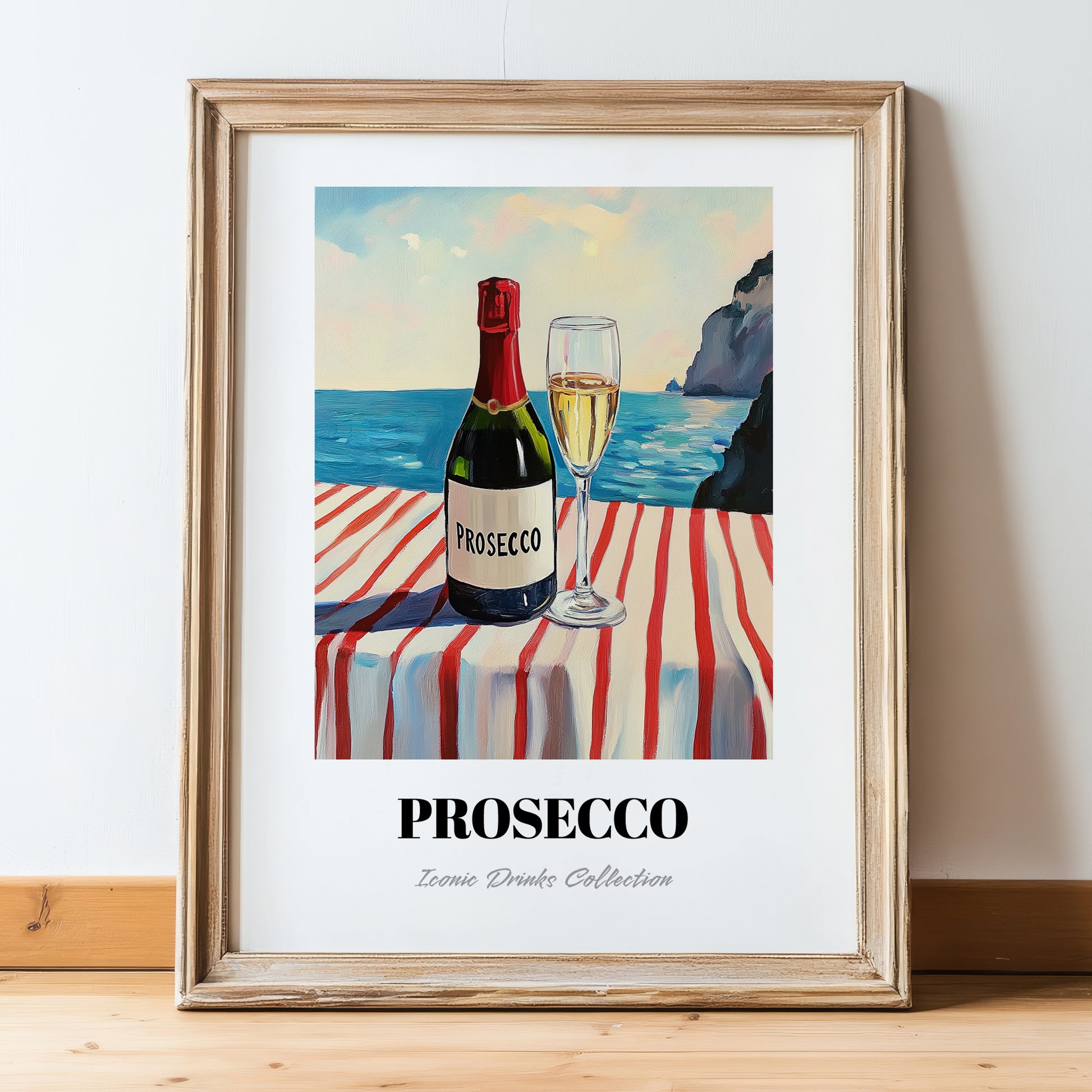 Prosecco – Italian Seaside Café Scene, Italian Wine Still Life, in wooden frame leaning on the floor