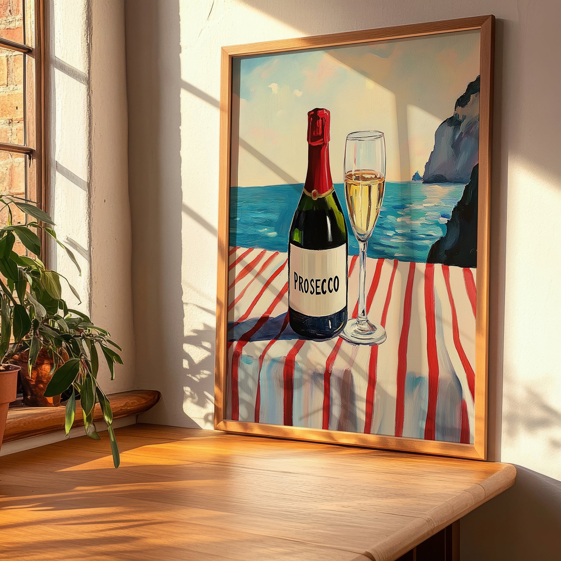 Prosecco – Italian Seaside Café Scene, Italian Wine Still Life, clean layout with no caption