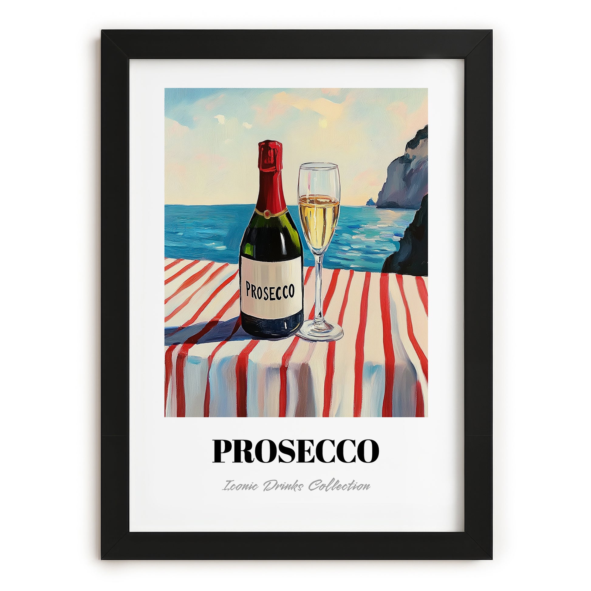 Prosecco – Italian Seaside Café Scene, Italian Wine Still Life, in sleek black frame