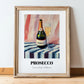 Prosecco – on Striped Tablecloth, Italian Wine Illustration, in wooden frame leaning on the floor
