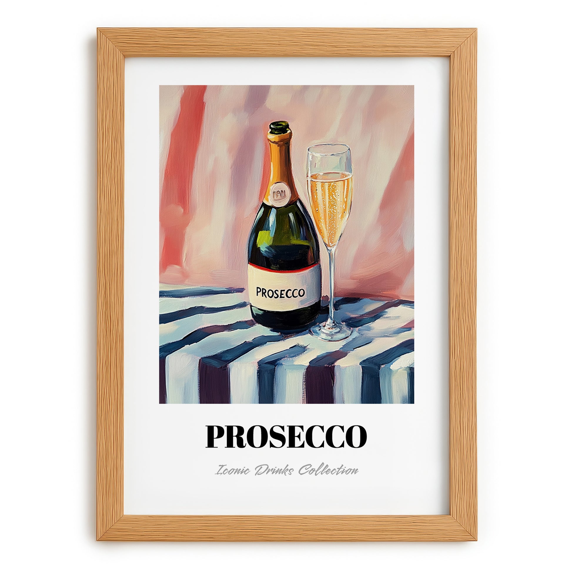Prosecco – on Striped Tablecloth, Italian Wine Illustration, set in oak frame