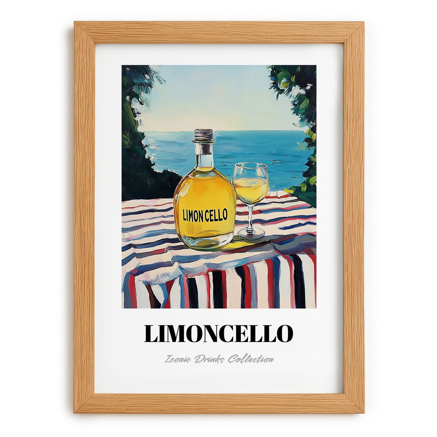 Limoncello – Italian Seaside Café Scene, Italian Spirit Wall Art, set in oak frame