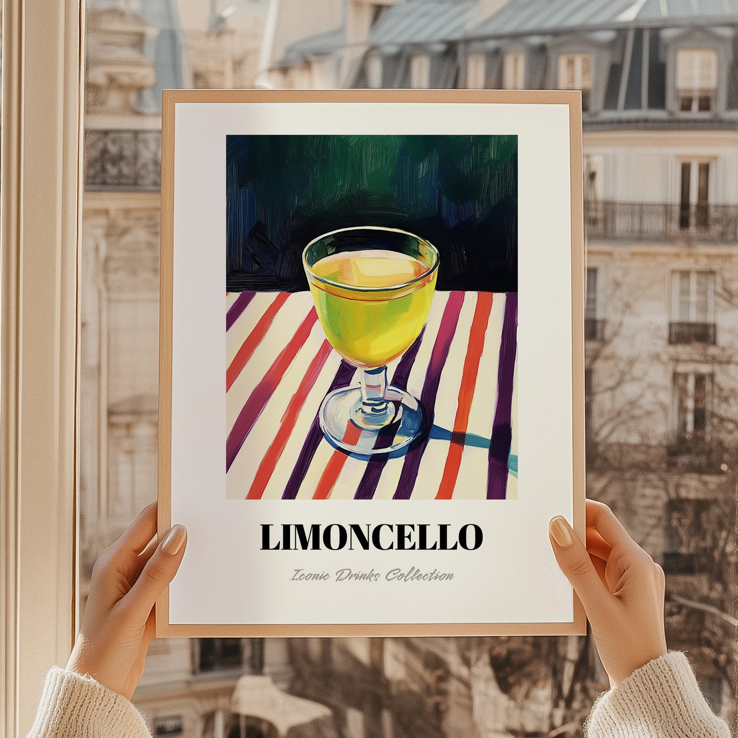 Limoncello – on Striped Tablecloth, Italian Spirit Wall Decor, styled in a charming Paris street view