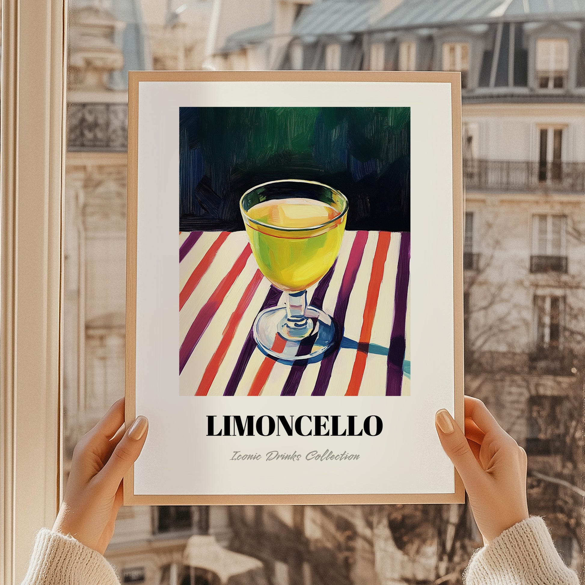 Limoncello – on Striped Tablecloth, Italian Spirit Wall Decor, styled in a charming Paris street view