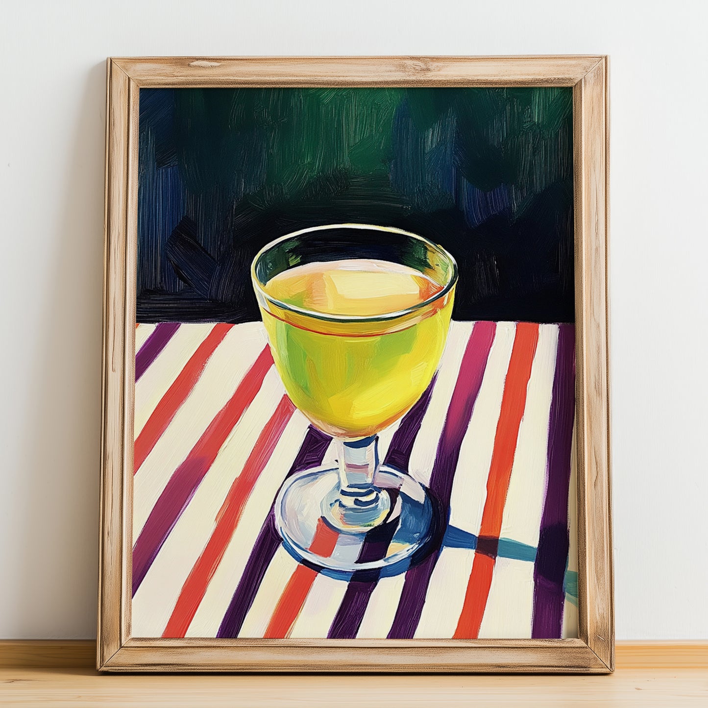 Limoncello – on Striped Tablecloth, Italian Spirit Wall Decor, no-text version framed in wood
