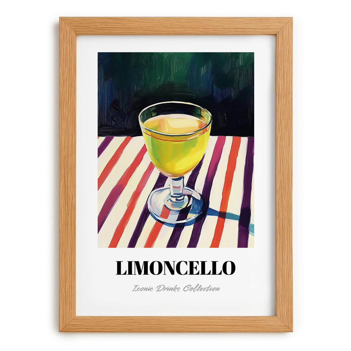 Limoncello – on Striped Tablecloth, Italian Spirit Wall Decor, set in oak frame