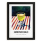 Limoncello – on Striped Tablecloth, Italian Spirit Wall Decor, in sleek black frame