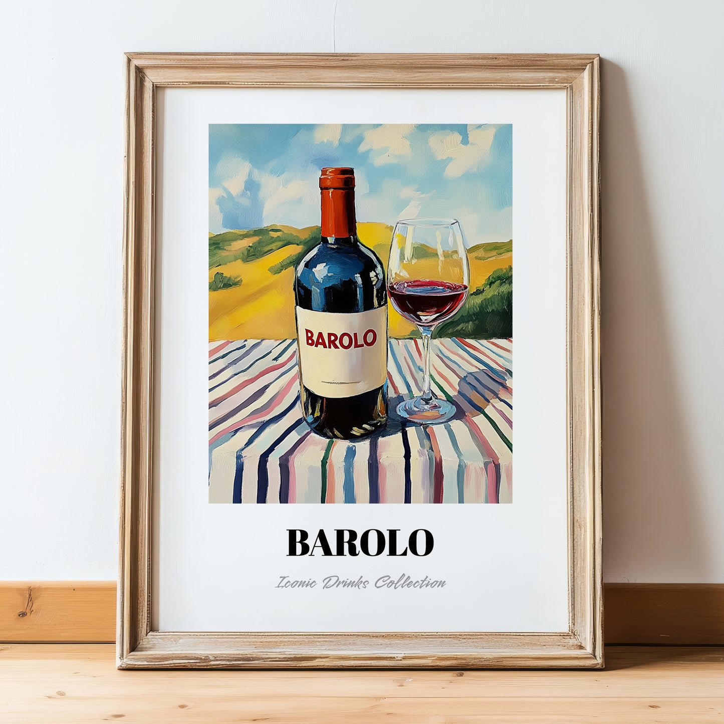 Barolo – Italian Hilltop Table Scene, Italian Wine Painting, in wooden frame leaning on the floor