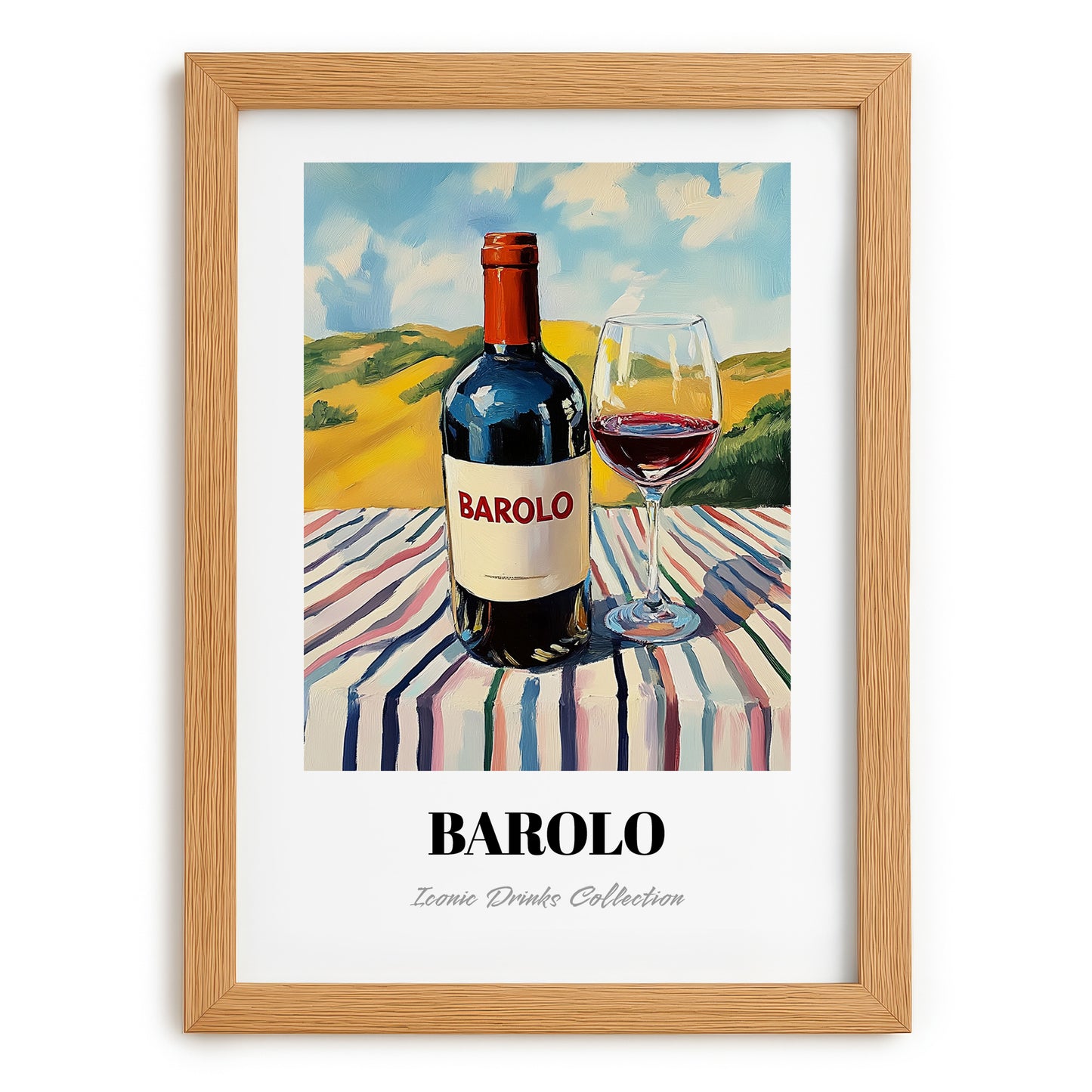 Barolo – Italian Hilltop Table Scene, Italian Wine Painting, set in oak frame