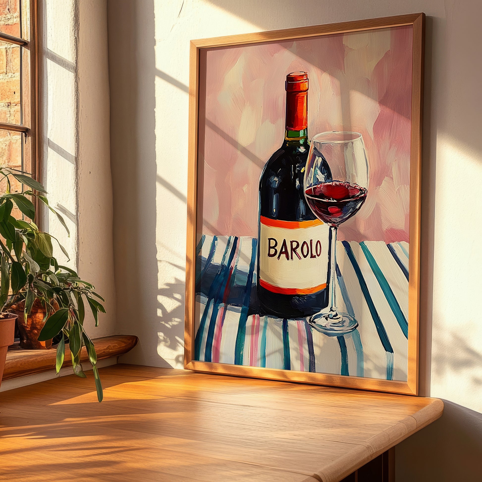 Barolo – on Striped Tablecloth, Italian Wine Wall Decor, clean layout with no caption