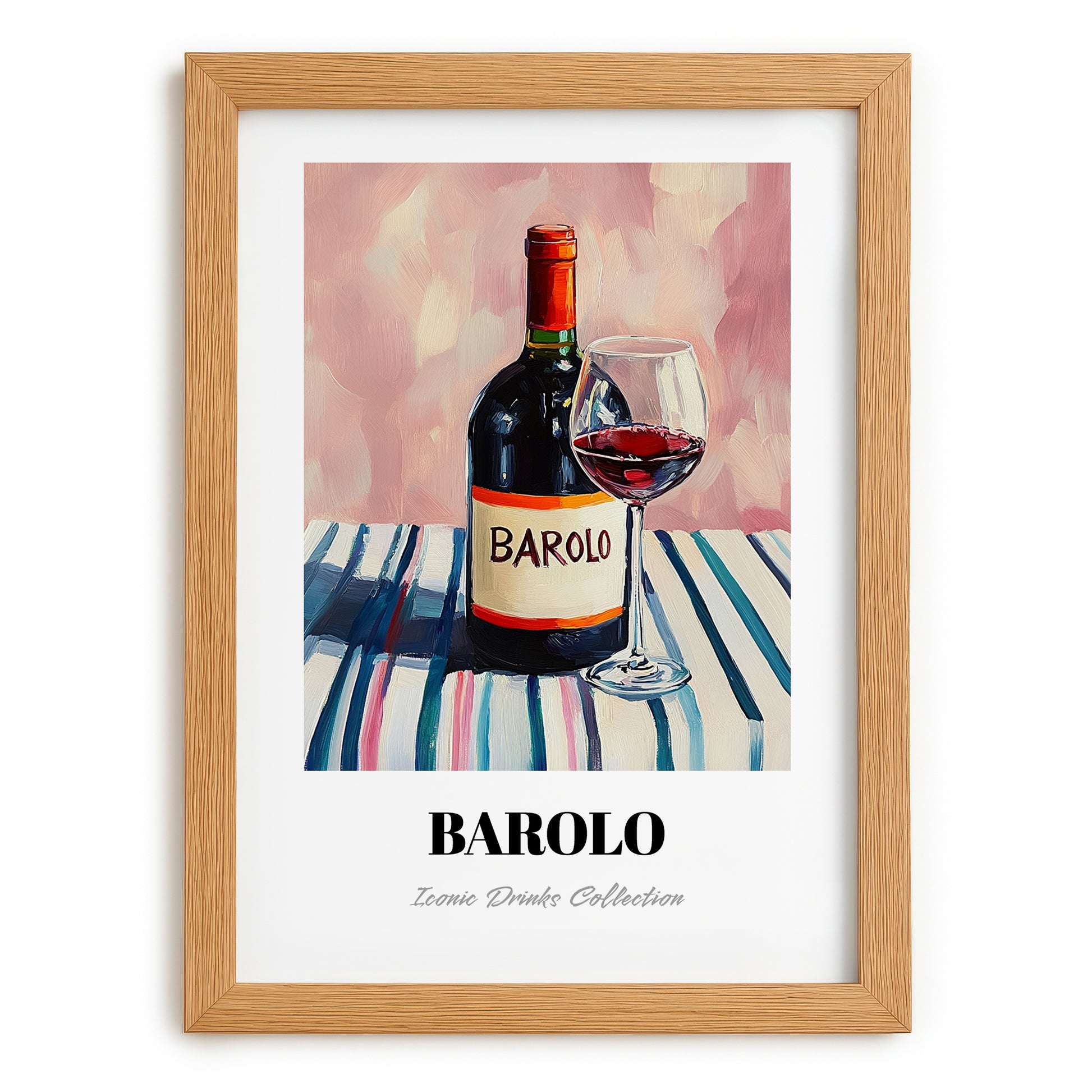 Barolo – on Striped Tablecloth, Italian Wine Wall Decor, set in oak frame