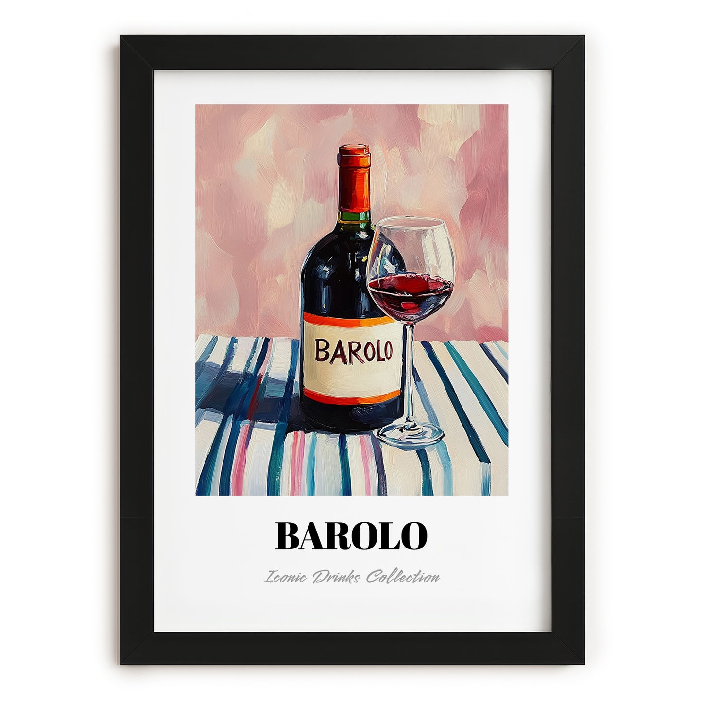 Barolo – on Striped Tablecloth, Italian Wine Wall Decor, in sleek black frame