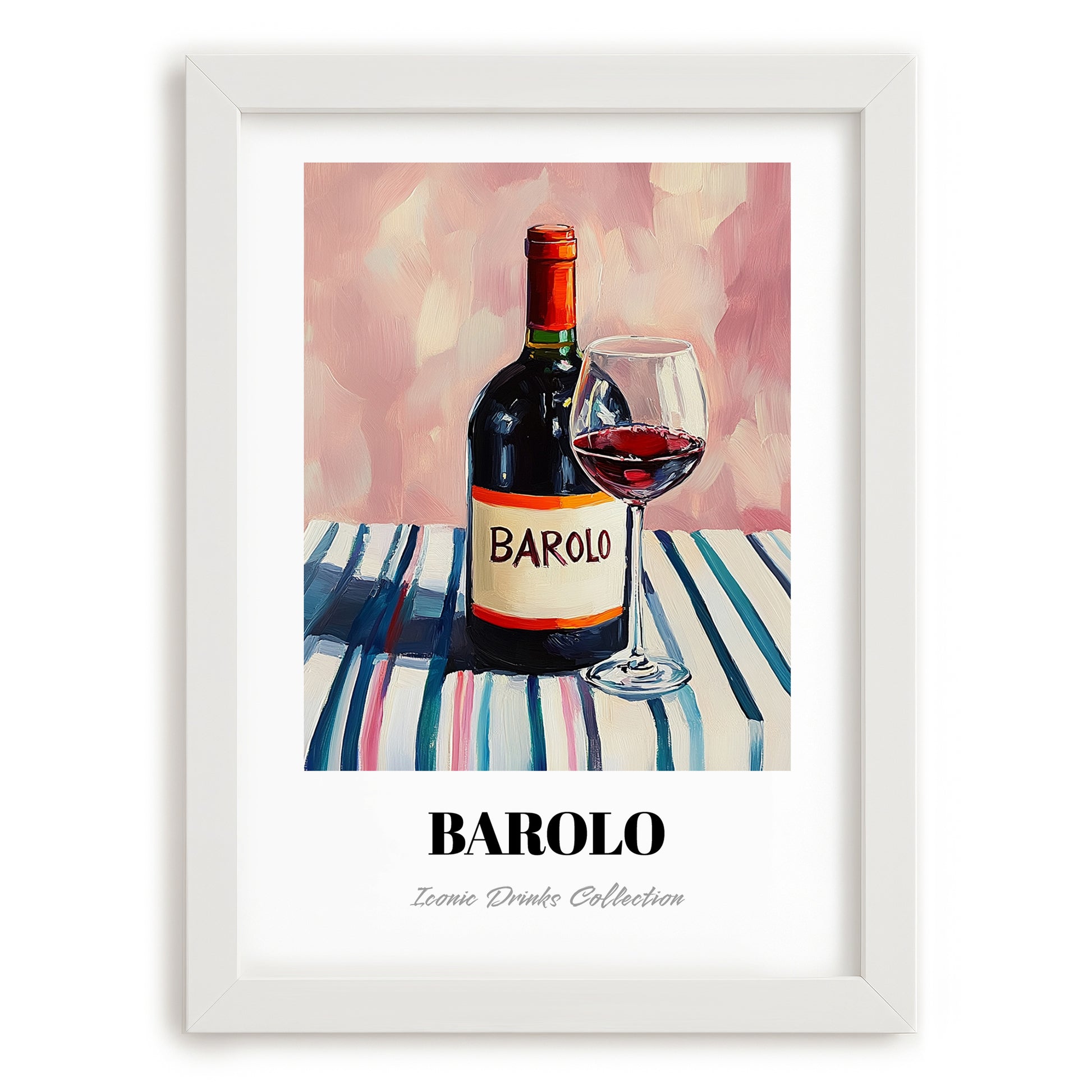 Barolo – on Striped Tablecloth, Italian Wine Wall Decor, placed in minimal white frame