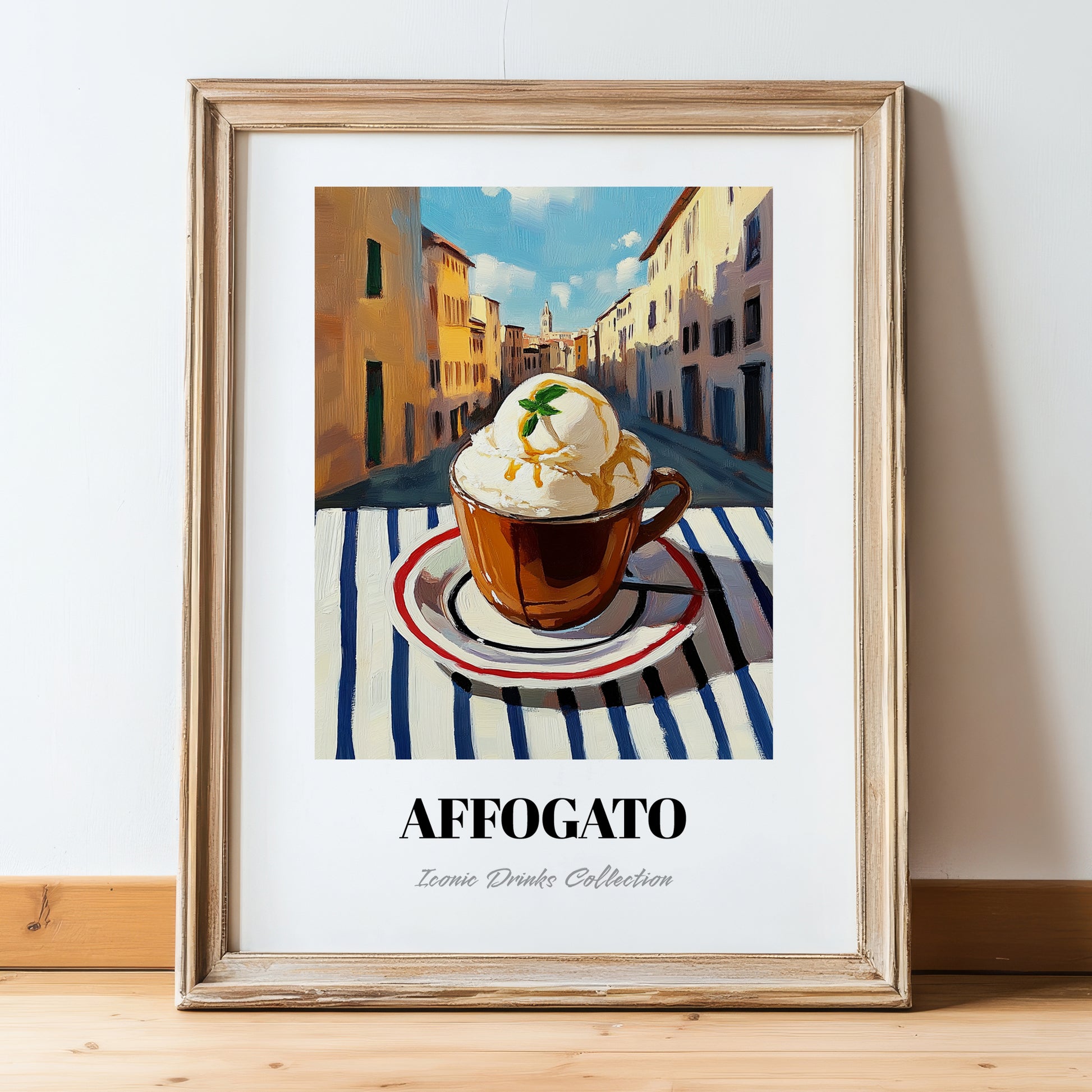 Affogato – Italian Café on the Corner, Italian Food Wall Poster, in wooden frame leaning on the floor