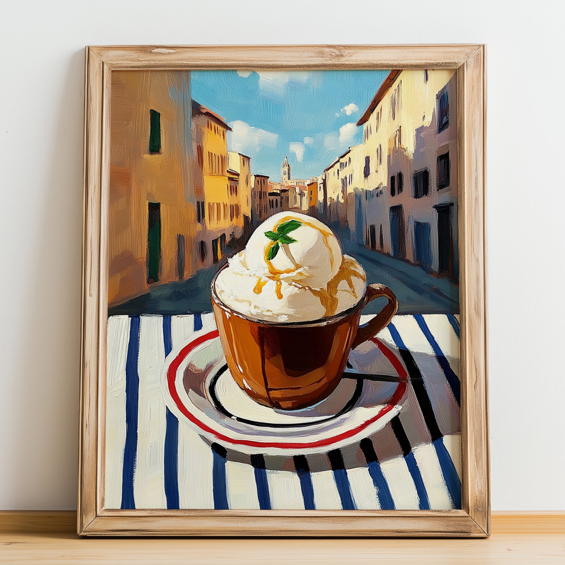Affogato – Italian Café on the Corner, Italian Food Wall Poster, no-text version framed in wood