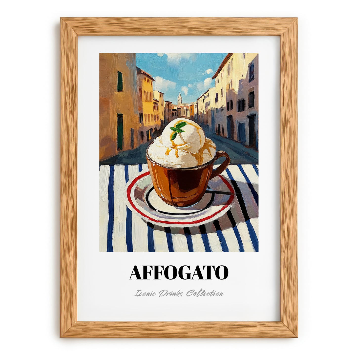 Affogato – Italian Café on the Corner, Italian Food Wall Poster, set in oak frame