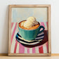 Affogato – on Striped Tablecloth, Italian Food Wall Decor, no-text version framed in wood