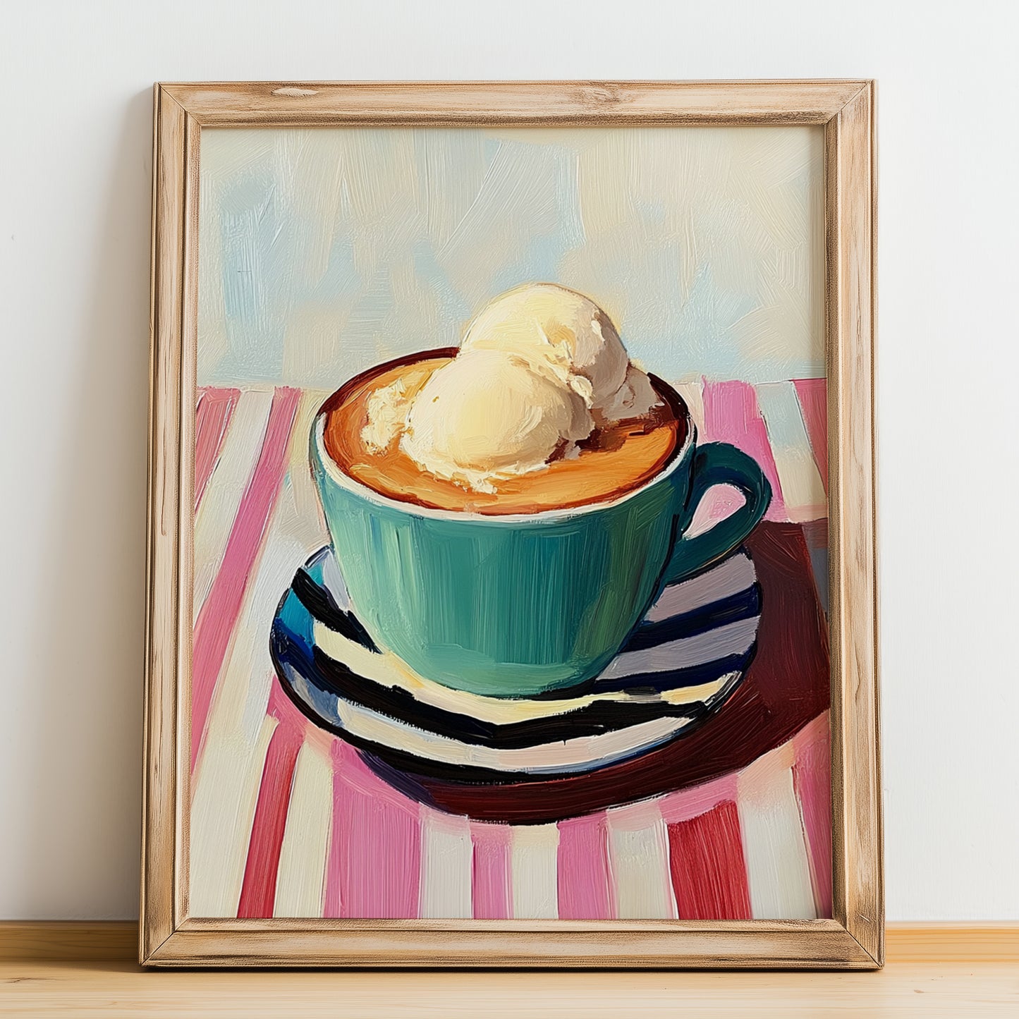 Affogato – on Striped Tablecloth, Italian Food Wall Decor, no-text version framed in wood