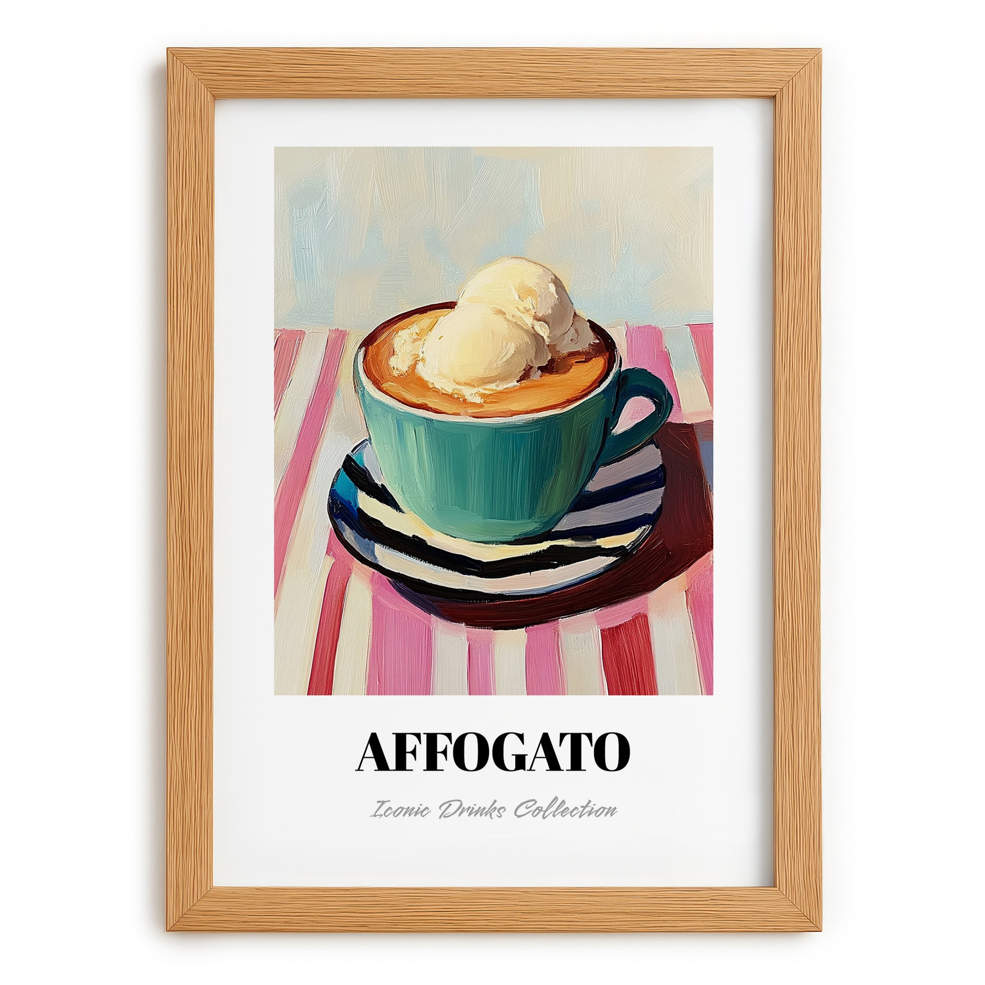 Affogato – on Striped Tablecloth, Italian Food Wall Decor, set in oak frame