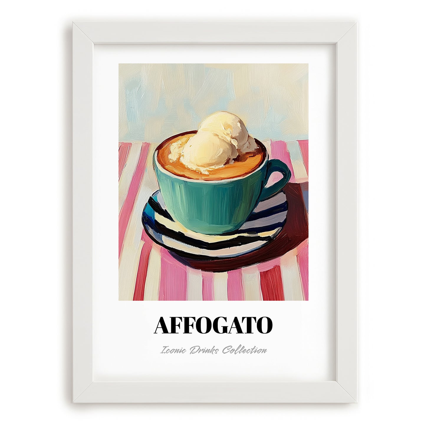 Affogato – on Striped Tablecloth, Italian Food Wall Decor, placed in minimal white frame