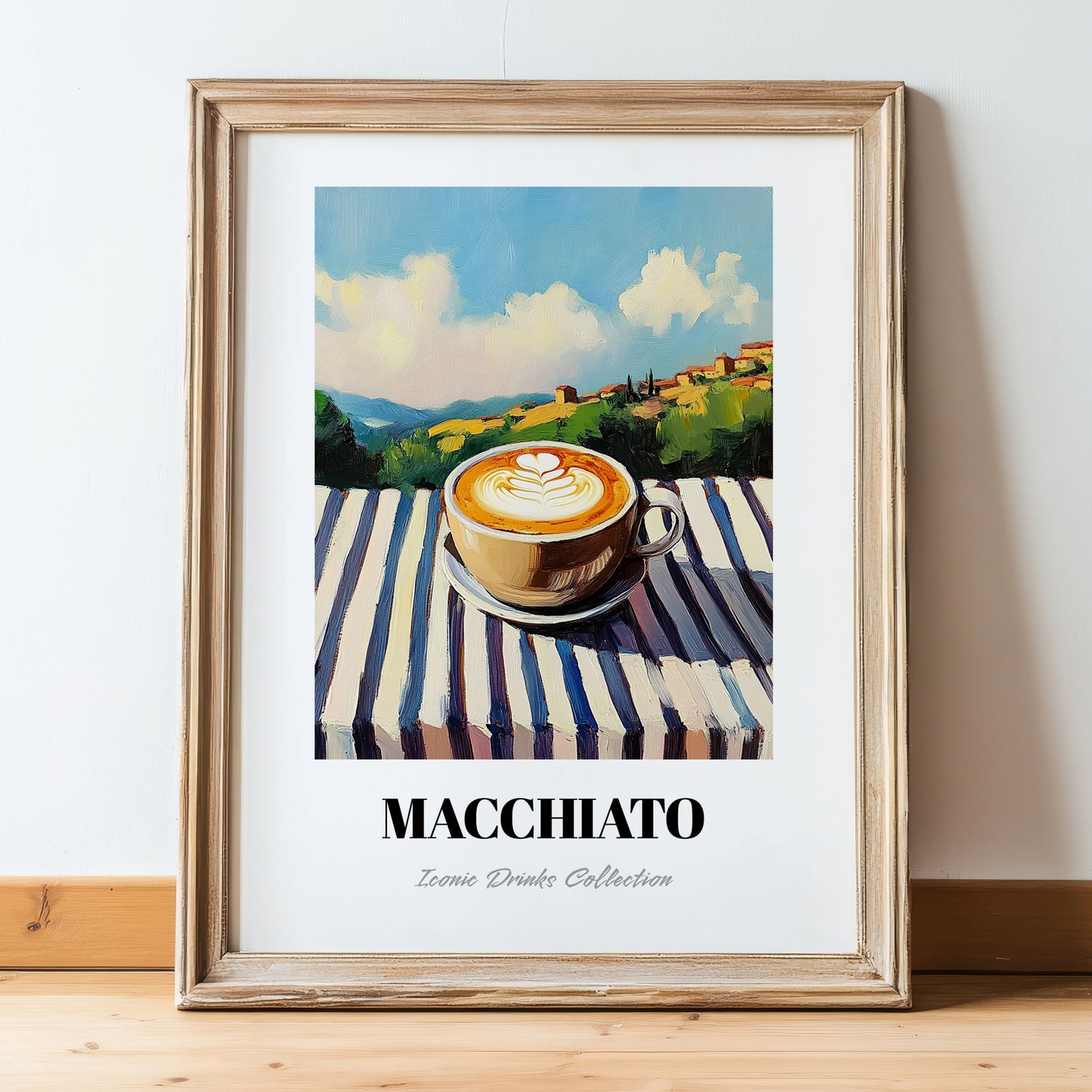 Macchiato – Italian Hilltop Table Scene, Italian Coffee Painting, in wooden frame leaning on the floor
