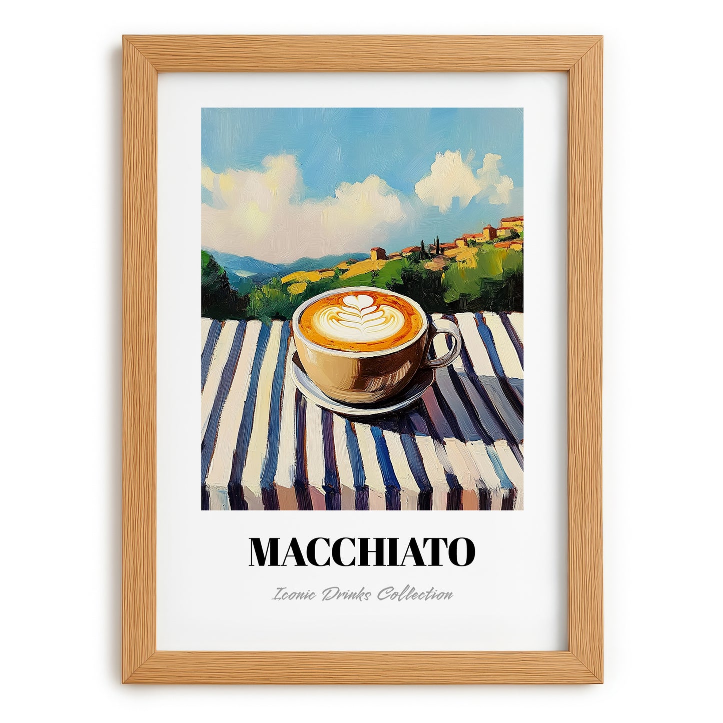 Macchiato – Italian Hilltop Table Scene, Italian Coffee Painting, set in oak frame
