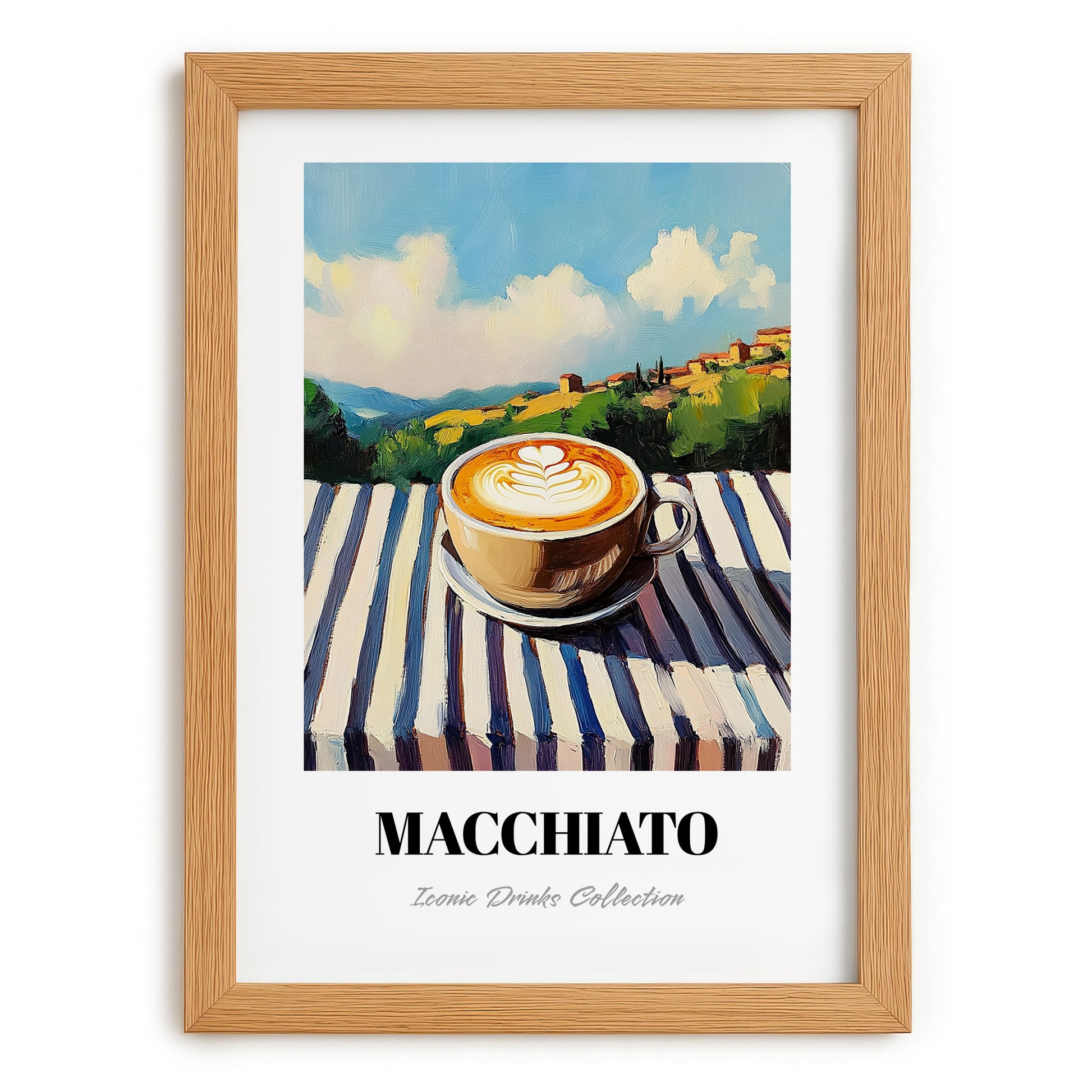 Macchiato – Italian Hilltop Table Scene, Italian Coffee Painting, set in oak frame